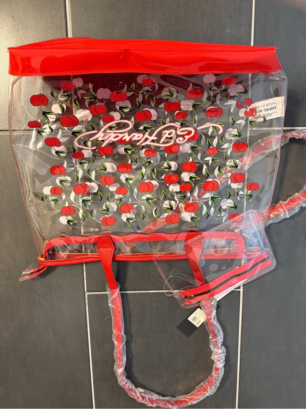 NWT Ed Hardy Clear Tote with Red Cherry Print